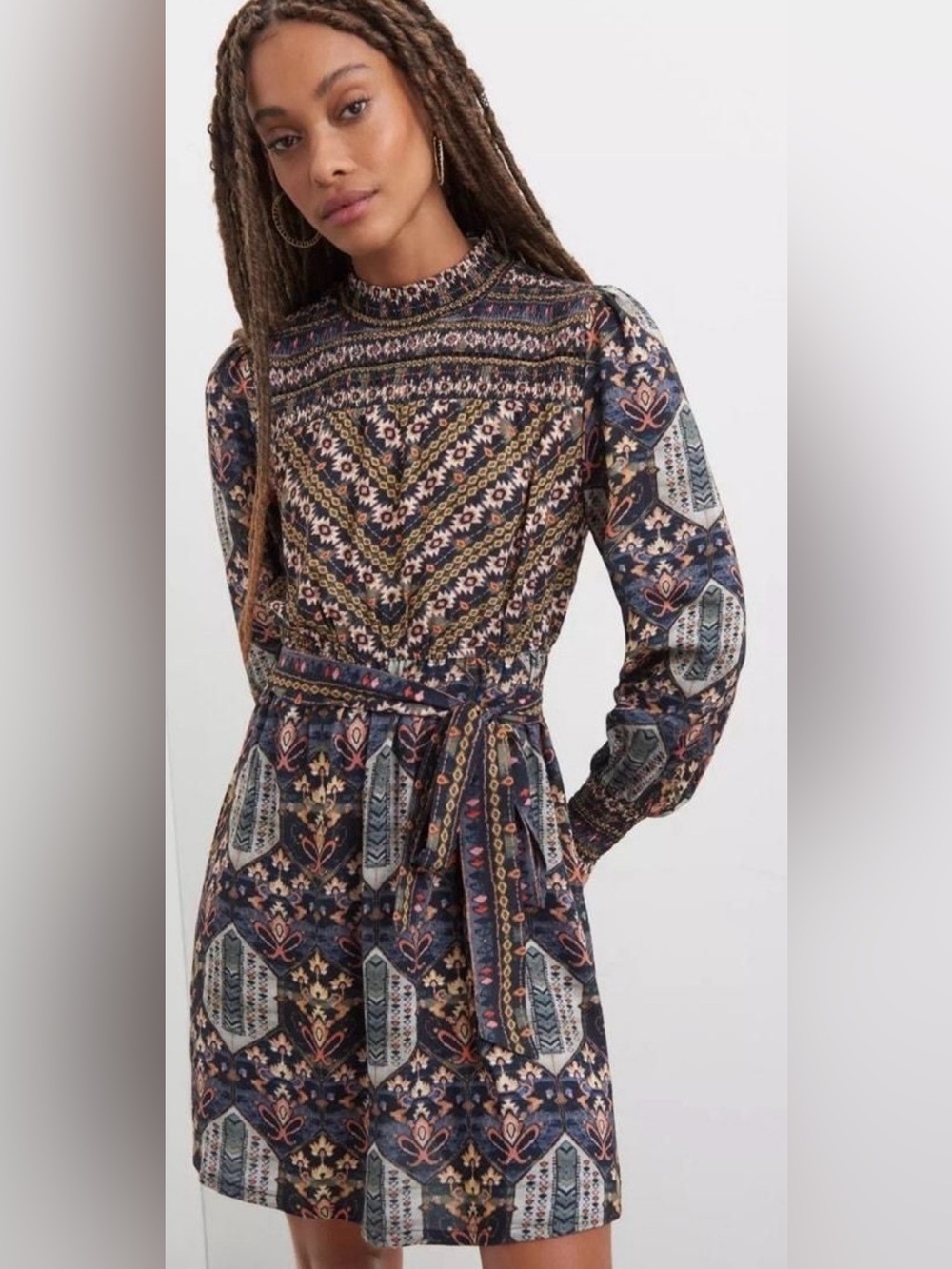 Anthropologie Vineet Bahl Geometrical Bohemian Smocked Neck Mini Dress, size S